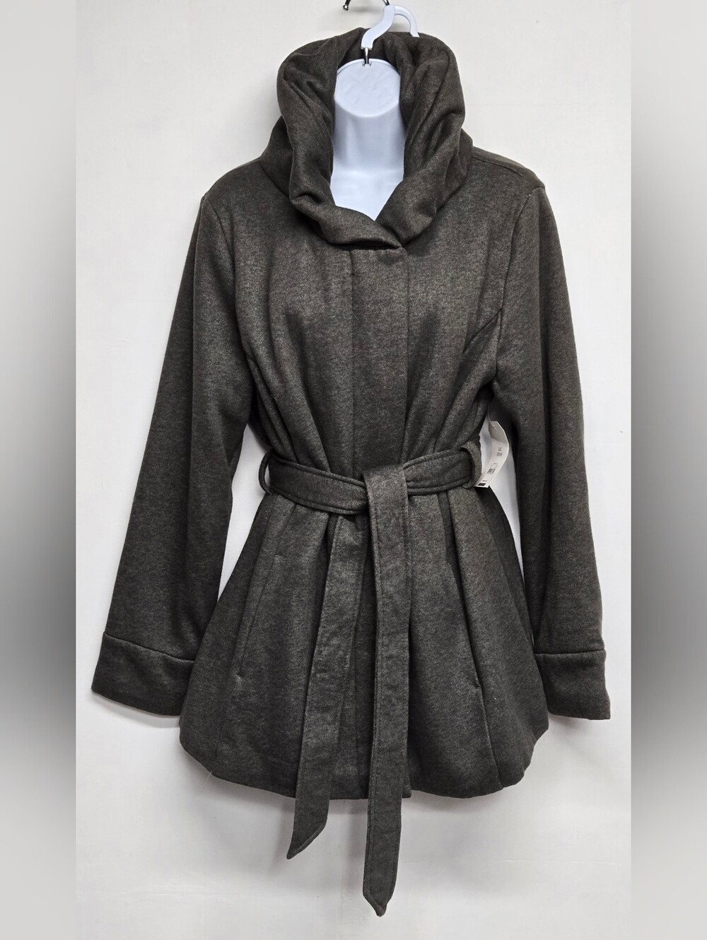 Faded Glory L 12-14 Hooded Olive Heather Coat Double Snap Down Belted New